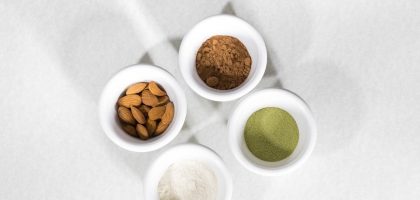brown and white round food on white ceramic bowls