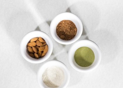 brown and white round food on white ceramic bowls